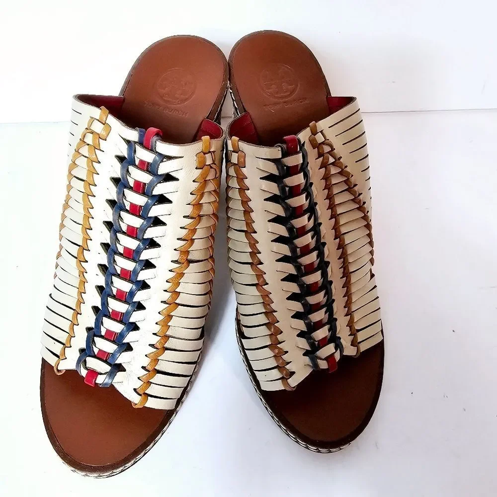 Tory Burch Pecha Woven Leather Stitched Block Heel Mules 8 LIKE NEW!